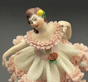 German Dresden Lace Porcelain Girl With Pink and White Dress 4.5” Delicate - Picture 1 of 6