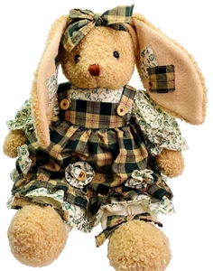 VTG MTY International Fuzzy Brown Easter Bunny Girl 18" Plush Green Plaid Dress - Picture 1 of 9