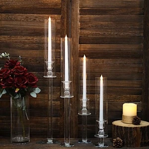 4 Crystal Clear Glass Hurricane Taper CANDLE HOLDERS Cylinder Shades Party Event - Picture 1 of 9