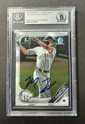 2019 1st Bowman Chrome Draft #BDC64 Michael Toglia RC BAS Signed Auto Rockies - Image 1 of 3