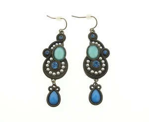 Avon Tribal Style Drop Earrings Brass Like Blue Rhinestone Jewelry 2 1/12"x3/4" - Picture 1 of 2