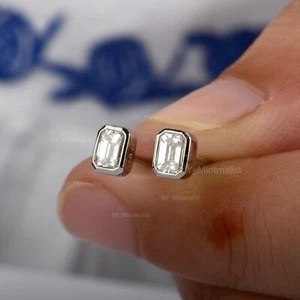 Real Emerald Cut Bezel Set Diamond Solitaire Stud Earrings Solid 18K White Gold - Picture 1 of 10