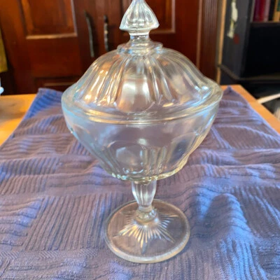 Vintage Clear Pressed Pattern Glass Candy Dish Compote w/ Lid EUC - Image 1 of 4