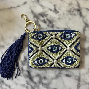 Anthropologie Beaded Coin Purse Gold Blue Tassel Clasp Evil Eye NEW - Picture 1 of 9
