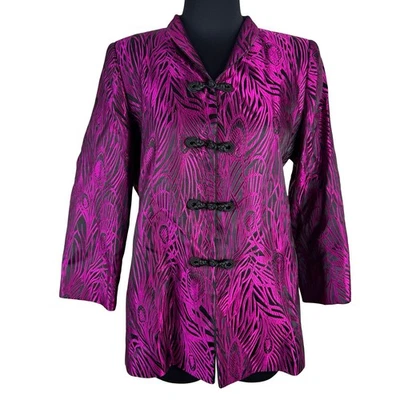 Chaqueta brocado pluma pavo real fucsia vintage años 90 cierres rana estilo asiático Foto 1 de 4