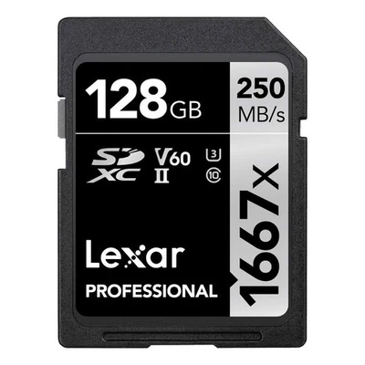 Tarjeta de memoria Lexar Pro 1667x 128 GB SDXC UHS-II, 250 MB/s de lectura, 120 MB/s de escritura Foto 1 de 4