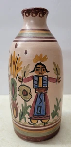 Vintage Pottery Bud Vase Pink Floral & Stripes Folk Art Greek Artist Signed - Picture 1 of 9
