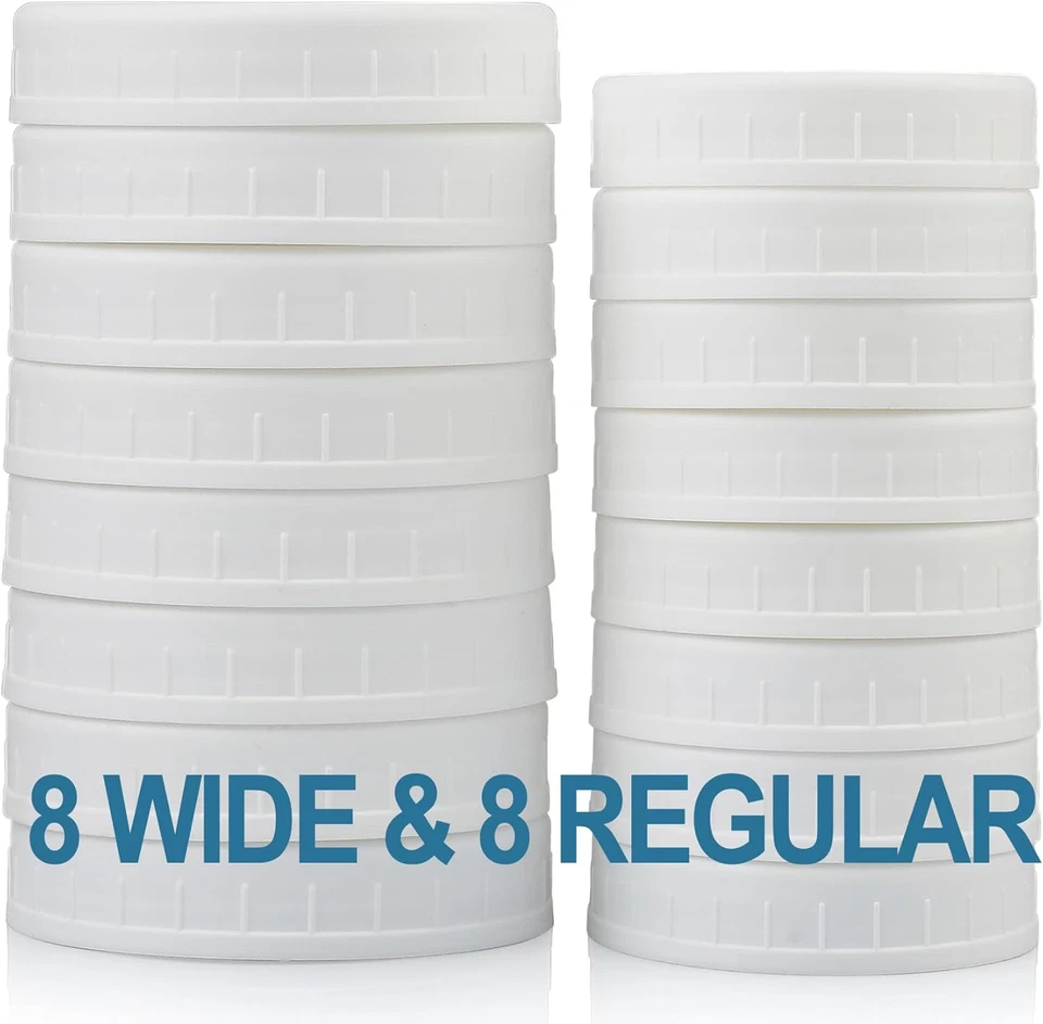 Paquete de 16 tapas de tarro de albañil de plástico - 8 tapas de tarro de boca regular y 8 tapas de tarro de boca ancha - Pla Foto 1 de 4