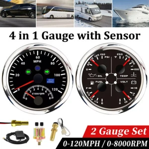 2 Gauge Set 85mm GPS Speedometer 120MPH Tacho&Fuel/Oil Press/Temp/Volt w/ Sensor - Picture 1 of 18