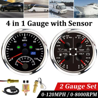 2 Gauge Set 85mm GPS Speedometer 120MPH Tacho&Fuel/Oil Press/Temp/Volt w/ Sensor - Image 1 of 4