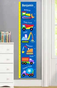 Under Construction Trucks Kids / Baby's Personalized Canvas Growth Chart - Picture 1 of 2