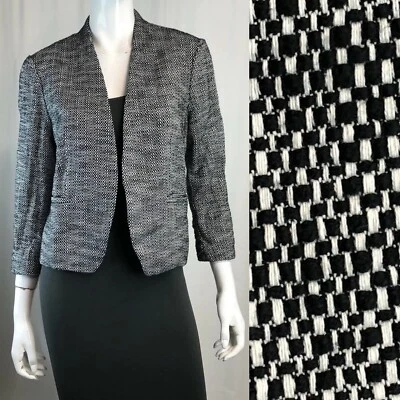 $118 Ann Taylor Loft Women’s 10 Black White Check Woven Open Front Blazer Jacket - Image 1 of 4