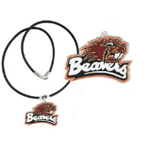 Oregon State Beavers Necklace Black Rubber Cord Large Metal Pendant NCAA College Cover