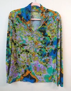 Blusa manga larga vintage años 70 M poliéster acuarela tie dye tinta sangrado cuello en V - Imagen 1 de 6