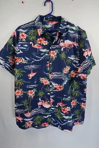 SSLR Shirt Men Sz L Blue Pink Flamingos Short Sleeve Casual Hawaiian Button - Picture 1 of 9