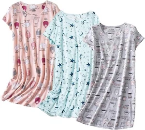 Womens Cotton Nightgown 3 Pack Short Sleeve Sleepdress Pullover Pajamas S-2XL - Picture 1 of 70