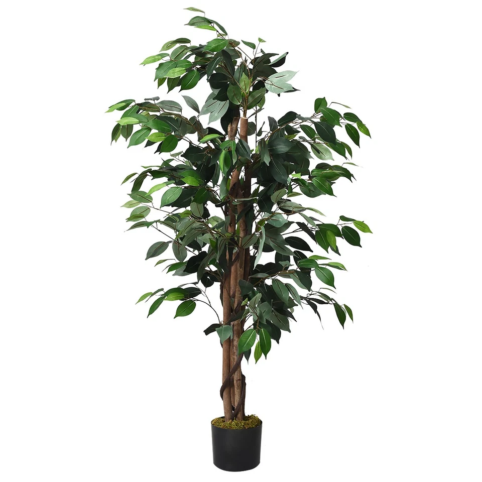 Costway 4 Feet Artificial Ficus Silk Tree Wood Trunks Green In/patio Home Decor