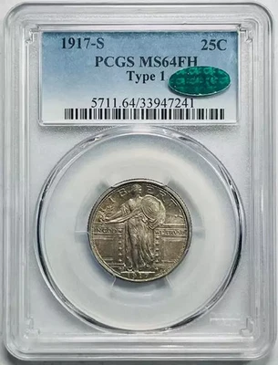1917 S Standing Liberty Quarter PCGS MS-64 FH Full Head CAC Type 1 Low CAC Pop! - Image 1 of 2