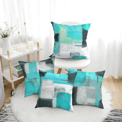 Juego de 4 fundas de almohada verde azulado y gris pincel, estilo artístico abstracto decorativo Foto 1 de 4