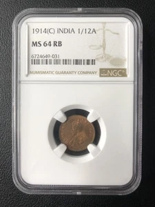 1914 British India 1/12A Anna Coin NGC MS 64 RB Rare Uncirculated Coin - Picture 1 of 2