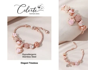 Beautiful Pink Color Oil Dripping Diamond Bead Flower Bracelet Adjustable - Foto 1 di 8