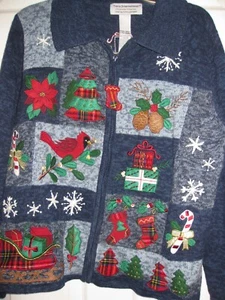 TIARA INTERNATIONAL CHRISTMAS SWEATER LX BLUE PULL ZIP  CLOSURE KNIT CARIGAN - Picture 1 of 8