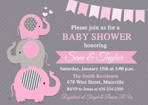 Elephant Baby Shower Invitation, Baby Girl, Girl, Girl Elephant, Pink - Picture 1 of 1