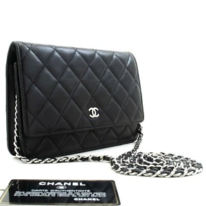 p78 CHANEL Authentic Black Classic Wallet On Chain WOC Shoulder Bag Lambskin - Picture 1 of 21