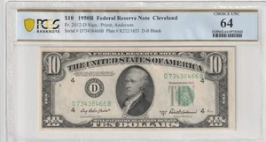 $10 1950B FRN 2012-D DB Block Certified PCGS Banknote UNC 64 Cleveland - Picture 1 of 2