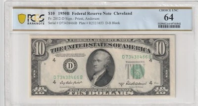 $10 1950B FRN 2012-D DB Block Certified PCGS Banknote UNC 64 Cleveland - Image 1 of 2