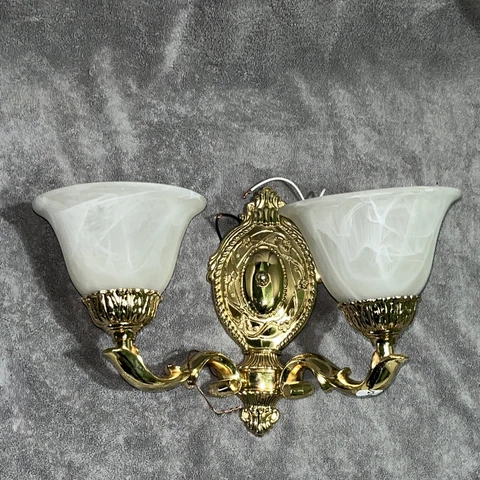 2 BRASS ALABASTER SCONCES EXC CONDITION 12HX10-1/2W X SHADES 14-1/2W-1 for parts Cover