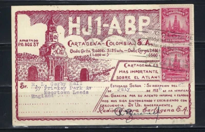 RADIODIFUSORA.  ''  POSTAL      CARTAGENA COLOMBIA TO ENGLAND  1936 - Image 1 of 2