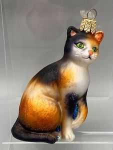 Antiguo Mundo Navidad Calico Gato Vidrio Soplado Adorno de Navidad 4" Regalo Amante de los Gatos - Imagen 1 de 8