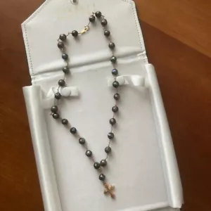 MIZUKI Goltz Faceted cut Black Pearl Cross 14k Gold Lariat Pendant Necklace - Picture 1 of 7
