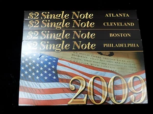 Lot of 4x 2009 $2 Single Note in BEP Folders Atlanta, Clevelnad, Phila, Boston - Picture 1 of 5