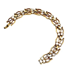 Vintage Rhinestone Bracelet Gold Tone Openwork Leaf Links & Accents 7 1/4" - Picture 1 of 17