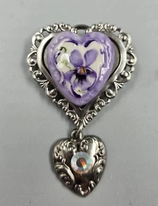 *Lilac Purple Floral Porcelain Heart Silvertone Heart/AB Rhinestone Brooch Pin* - Picture 1 of 4