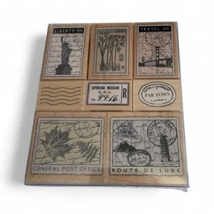 Juego de sellos de goma Hero Arts LL681 franqueo de viaje vintage montado en madera de lujo nuevo - Imagen 1 de 7