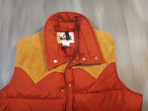 Vintage Woolrich Mens Large Puffer Vest Pearl Snap Wester Leather Yoke Down - Picture 1 of 6