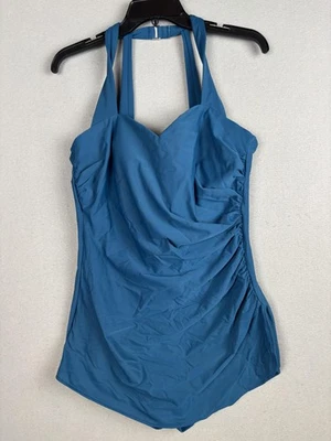 Traje de baño Lands' End para mujer 16L azul de una pieza halter acanalado control abdominal Foto 1 de 4
