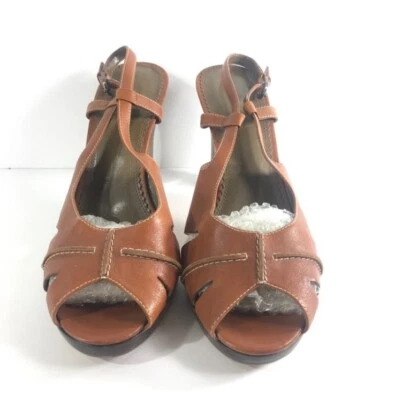 ANNE KLEIN Cognac Leather Sandals AK 70s Strap Peep Toe Stacked Heel Wooden 10 - Image 1 of 4