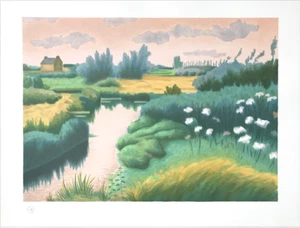 Laurent Marcel Salinas BRITTANY LANDSCAPE Hand Drawn Lithograph, Pastel Colors - Picture 1 of 6