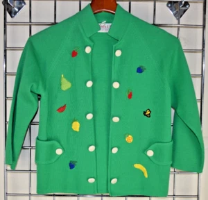 Knit Sweater VTG 60s Charles & Co Vibrant Lime Green Colorful Fruit Wool Sz S/M - Picture 1 of 9