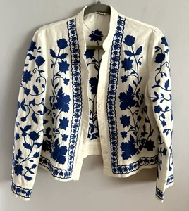 Zara Linen Cotton Blend Embroidered Floral Jacket White Blue Women's Size M - Picture 1 of 4
