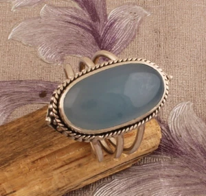 Blue Chalcedony Stone Ring 925 Sterling Silver Handmade Three Layer Ring For Her - Picture 1 of 8