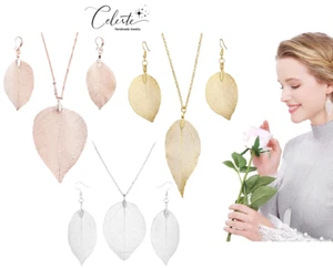 Real Leaf Rose Gold or Silver Plated Necklace Set Earrings Pendant gift - Foto 1 di 24