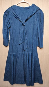 Priarie Western DenimVintage  Dress Womens Medium Blue Pleated Shoulder Pads - Picture 1 of 12