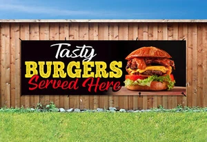 LECKERE BURGER HIER SERVIERT PVC bedruckt BANNER OUTDOOR WASSERDICHT SCHILD Ösen - Bild 1 von 2