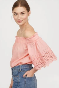 Pink Cotton Embroidered Raglan Sleeve Bardot Off Shoulder Top Size 12 Bnwt - Picture 1 of 4