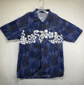 Vintage Quicksilver Tropical White Hibiscus Floral Blue Hawaiian Made In USA - Picture 1 of 17